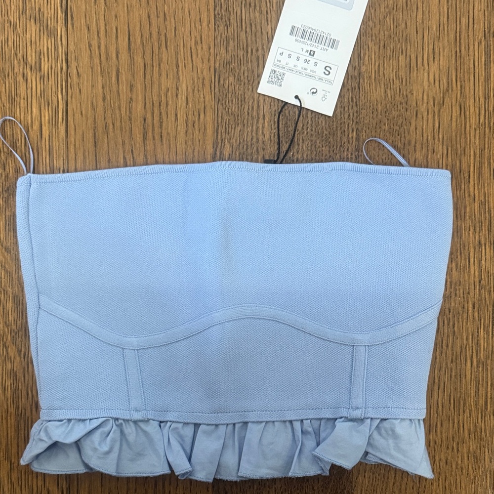 Zara Sky Blue Strapless Top with Ruffle Detail
